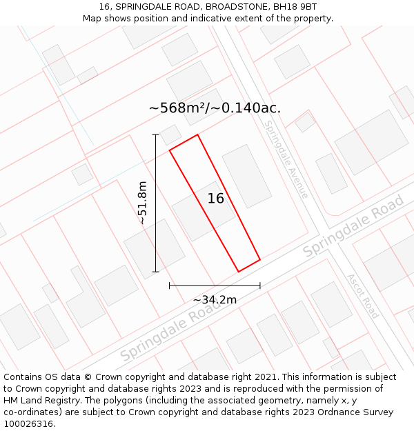 16, SPRINGDALE ROAD, BROADSTONE, BH18 9BT: Plot and title map