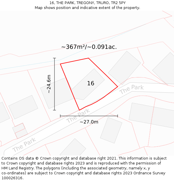 16, THE PARK, TREGONY, TRURO, TR2 5PY: Plot and title map