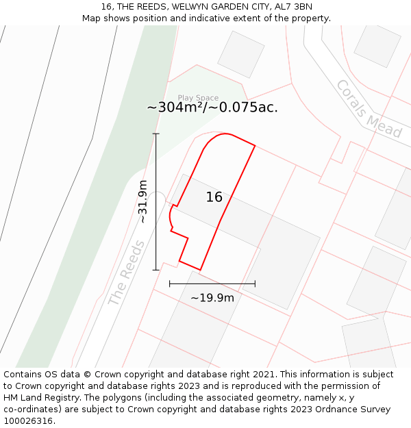 16, THE REEDS, WELWYN GARDEN CITY, AL7 3BN: Plot and title map