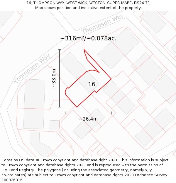 16, THOMPSON WAY, WEST WICK, WESTON-SUPER-MARE, BS24 7FJ: Plot and title map