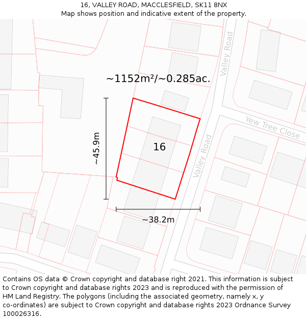 16, VALLEY ROAD, MACCLESFIELD, SK11 8NX: Plot and title map