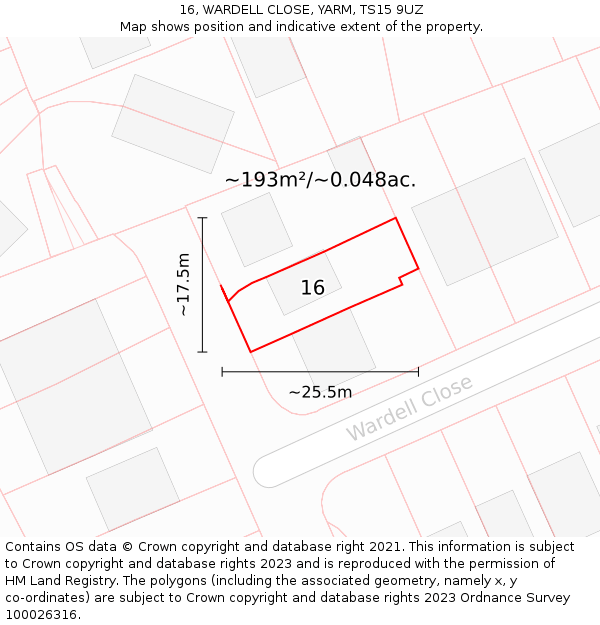 16, WARDELL CLOSE, YARM, TS15 9UZ: Plot and title map