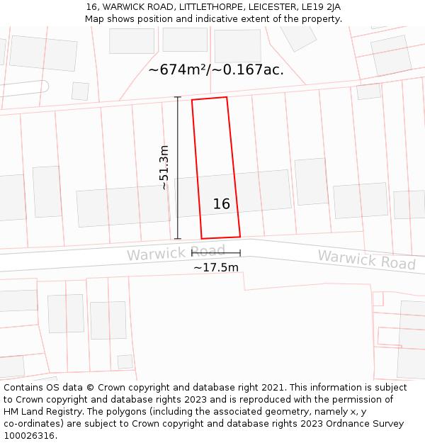 16, WARWICK ROAD, LITTLETHORPE, LEICESTER, LE19 2JA: Plot and title map