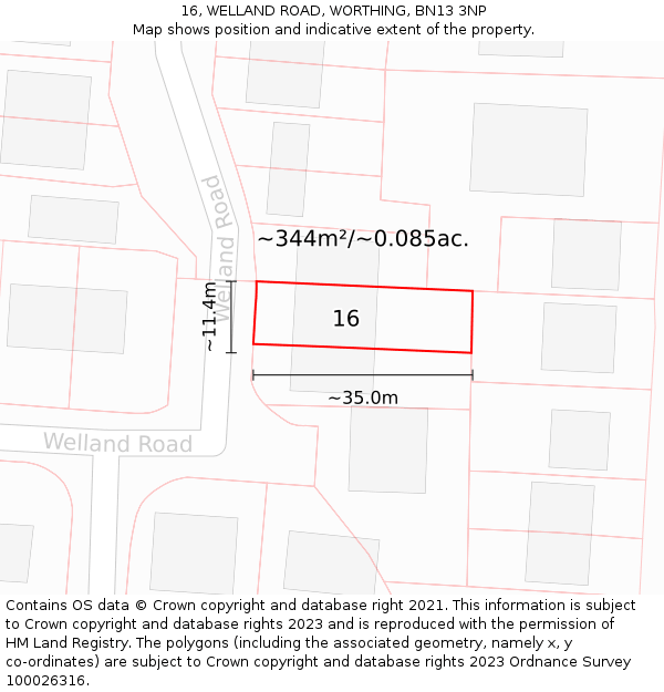 16, WELLAND ROAD, WORTHING, BN13 3NP: Plot and title map