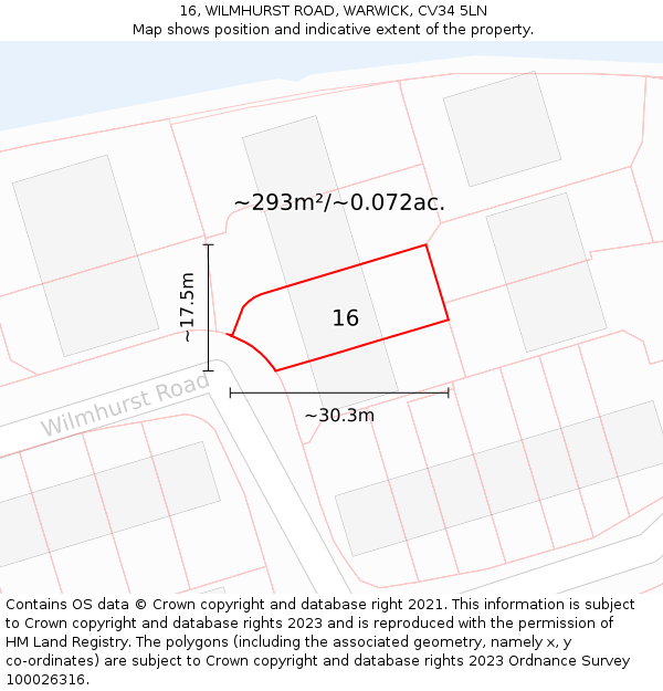 16, WILMHURST ROAD, WARWICK, CV34 5LN: Plot and title map