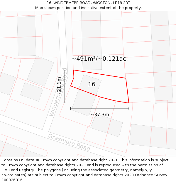 16, WINDERMERE ROAD, WIGSTON, LE18 3RT: Plot and title map