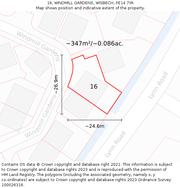 16, WINDMILL GARDENS, WISBECH, PE14 7YA: Plot and title map