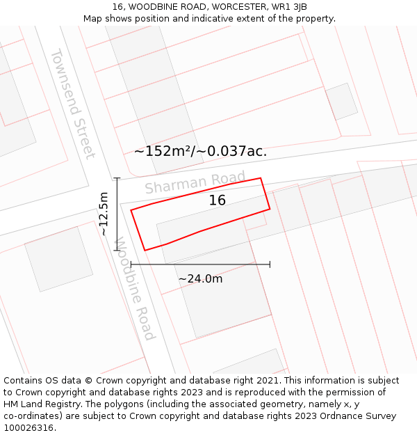 16, WOODBINE ROAD, WORCESTER, WR1 3JB: Plot and title map