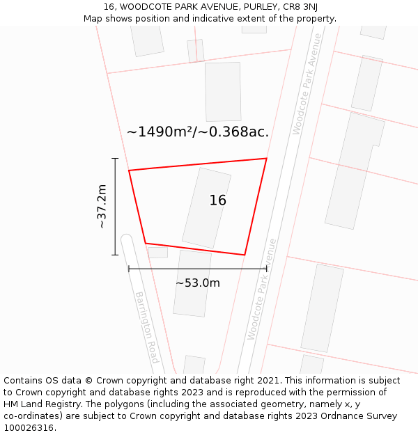 16, WOODCOTE PARK AVENUE, PURLEY, CR8 3NJ: Plot and title map