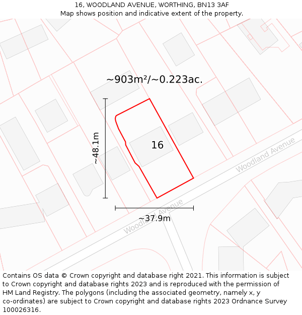 16, WOODLAND AVENUE, WORTHING, BN13 3AF: Plot and title map