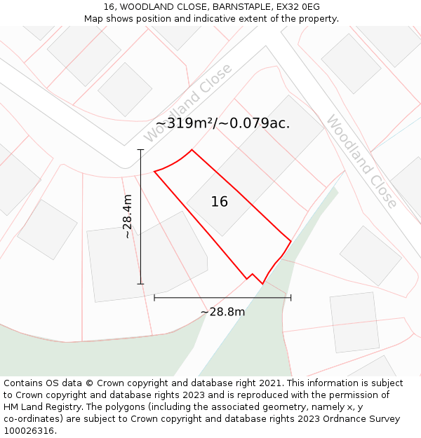 16, WOODLAND CLOSE, BARNSTAPLE, EX32 0EG: Plot and title map