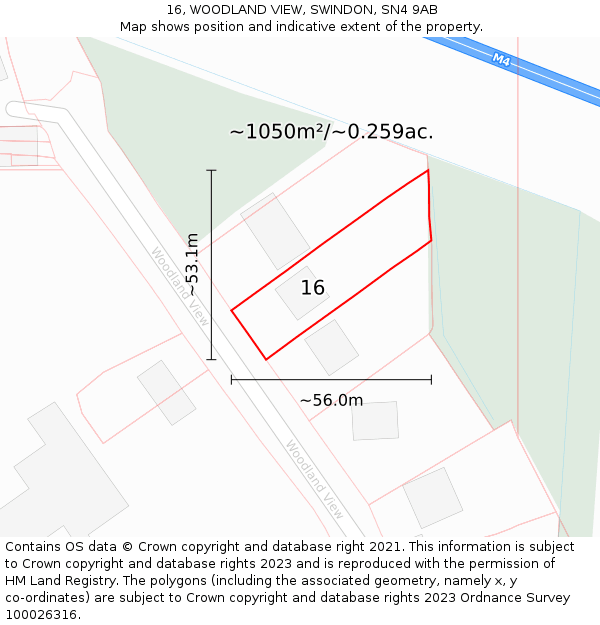 16, WOODLAND VIEW, SWINDON, SN4 9AB: Plot and title map