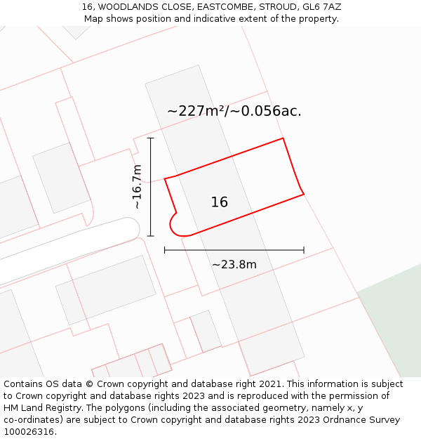 16, WOODLANDS CLOSE, EASTCOMBE, STROUD, GL6 7AZ: Plot and title map