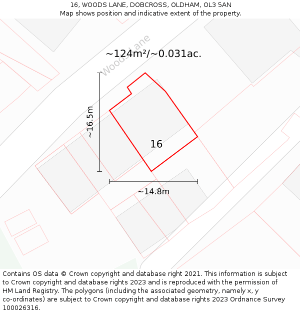 16, WOODS LANE, DOBCROSS, OLDHAM, OL3 5AN: Plot and title map