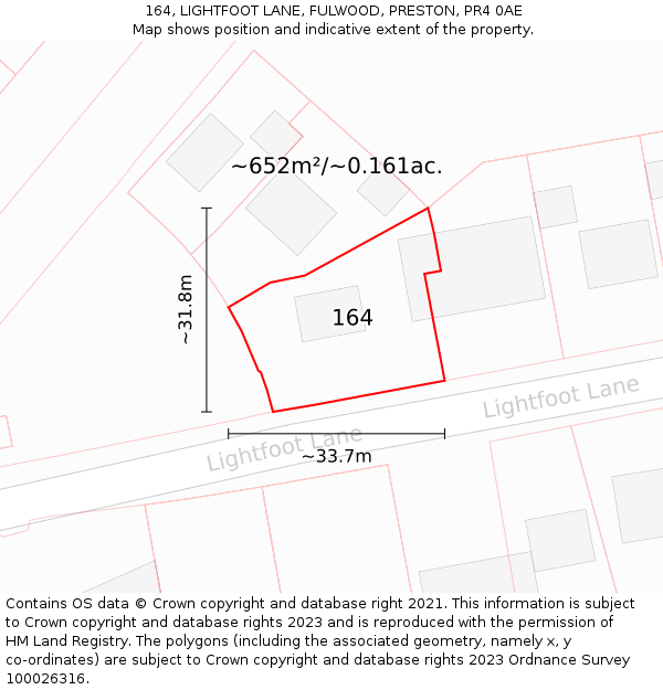 164, LIGHTFOOT LANE, FULWOOD, PRESTON, PR4 0AE: Plot and title map