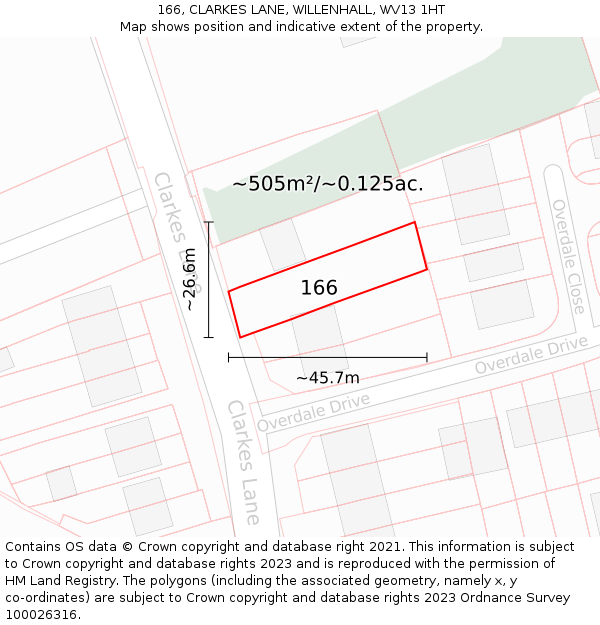 166, CLARKES LANE, WILLENHALL, WV13 1HT: Plot and title map