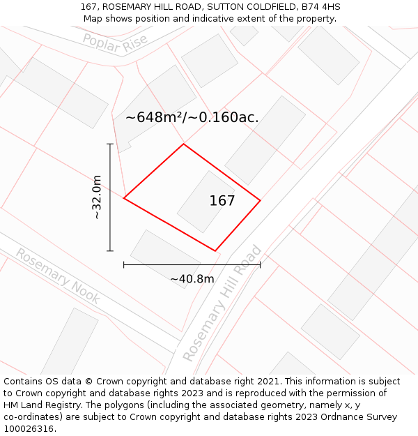 167, ROSEMARY HILL ROAD, SUTTON COLDFIELD, B74 4HS: Plot and title map