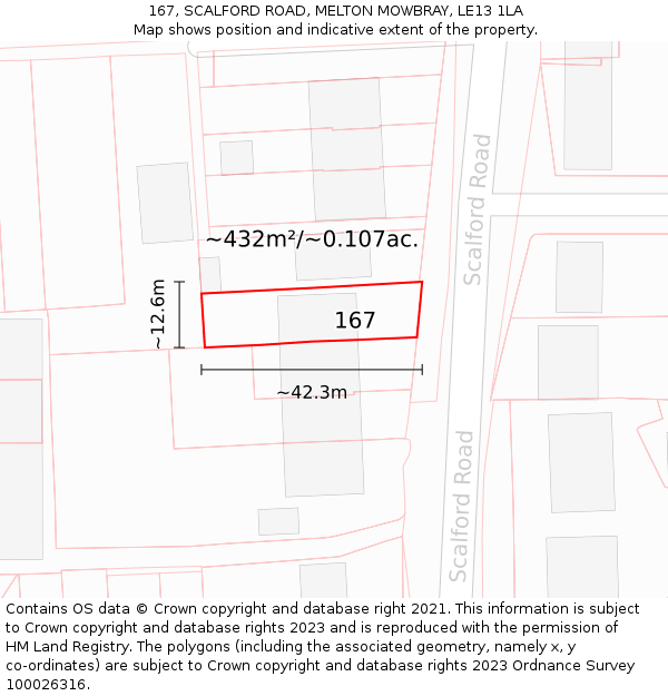 167, SCALFORD ROAD, MELTON MOWBRAY, LE13 1LA: Plot and title map