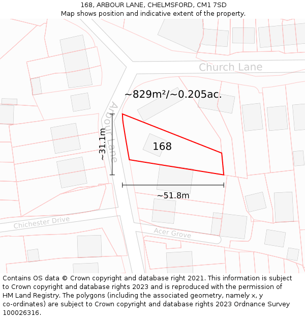 168, ARBOUR LANE, CHELMSFORD, CM1 7SD: Plot and title map