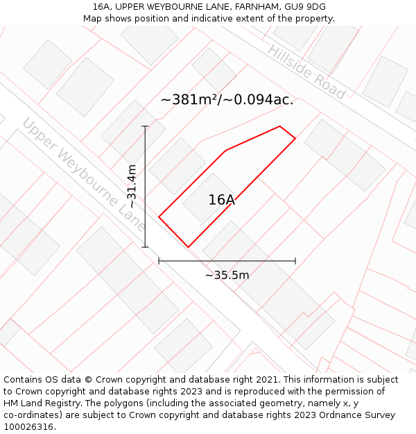 16A, UPPER WEYBOURNE LANE, FARNHAM, GU9 9DG: Plot and title map