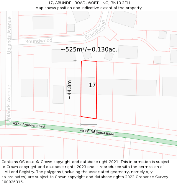 17, ARUNDEL ROAD, WORTHING, BN13 3EH: Plot and title map