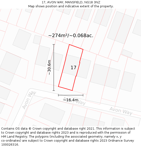 17, AVON WAY, MANSFIELD, NG18 3NZ: Plot and title map