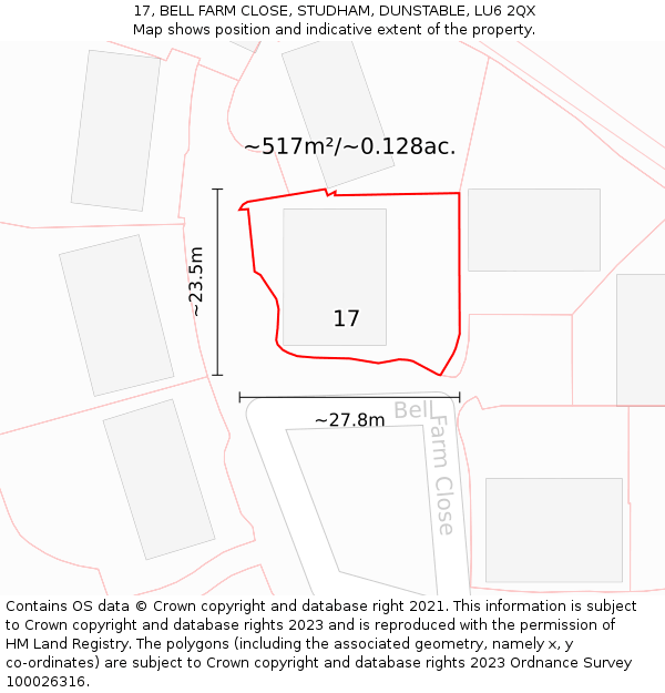 17, BELL FARM CLOSE, STUDHAM, DUNSTABLE, LU6 2QX: Plot and title map