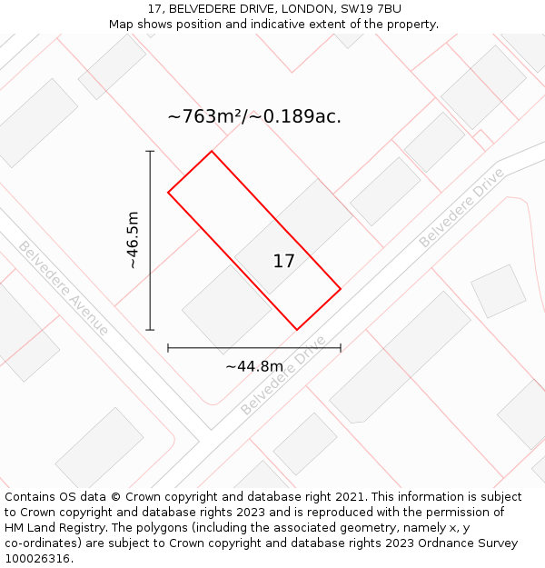 17, BELVEDERE DRIVE, LONDON, SW19 7BU: Plot and title map