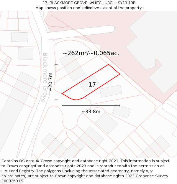 17, BLACKMORE GROVE, WHITCHURCH, SY13 1RR: Plot and title map