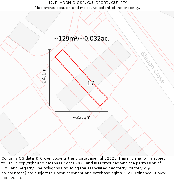 17, BLADON CLOSE, GUILDFORD, GU1 1TY: Plot and title map