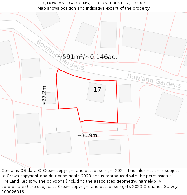 17, BOWLAND GARDENS, FORTON, PRESTON, PR3 0BG: Plot and title map