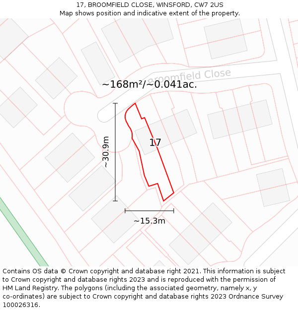 17, BROOMFIELD CLOSE, WINSFORD, CW7 2US: Plot and title map