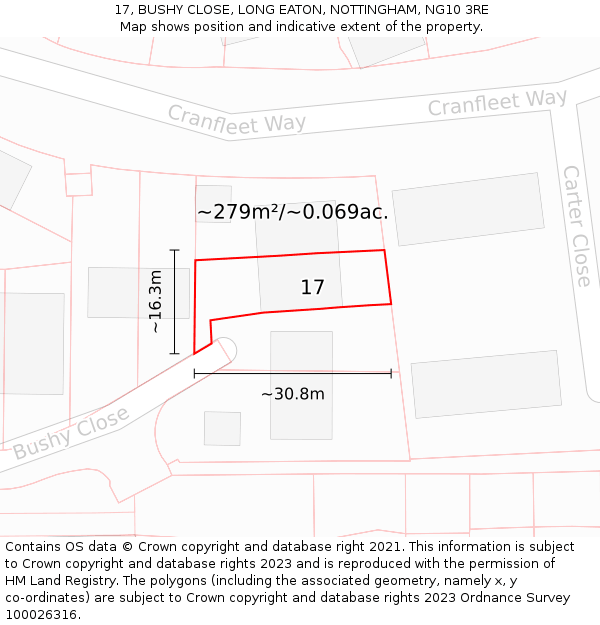 17, BUSHY CLOSE, LONG EATON, NOTTINGHAM, NG10 3RE: Plot and title map