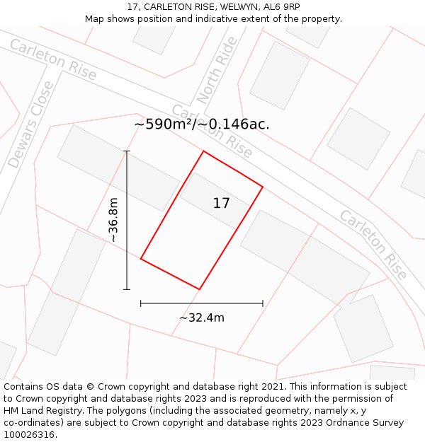 17, CARLETON RISE, WELWYN, AL6 9RP: Plot and title map