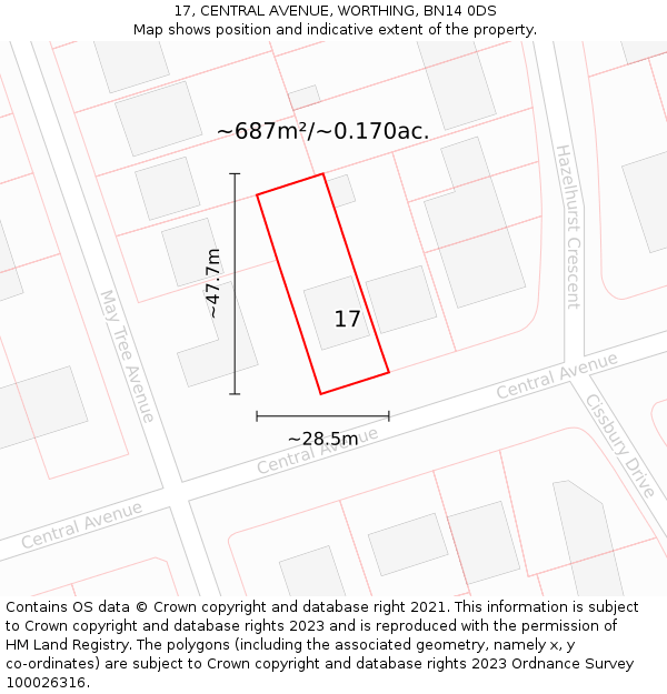 17, CENTRAL AVENUE, WORTHING, BN14 0DS: Plot and title map