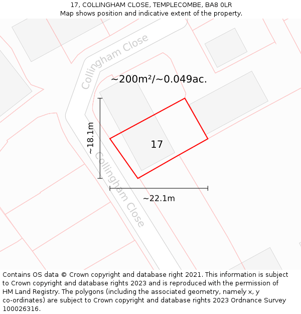 17, COLLINGHAM CLOSE, TEMPLECOMBE, BA8 0LR: Plot and title map