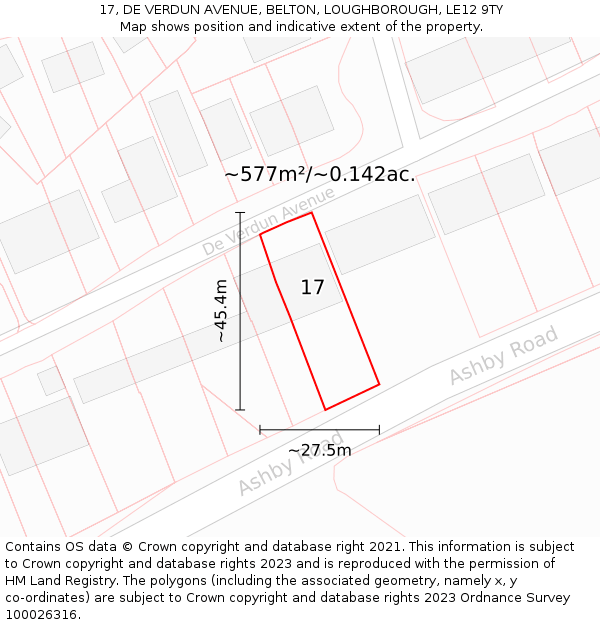 17, DE VERDUN AVENUE, BELTON, LOUGHBOROUGH, LE12 9TY: Plot and title map