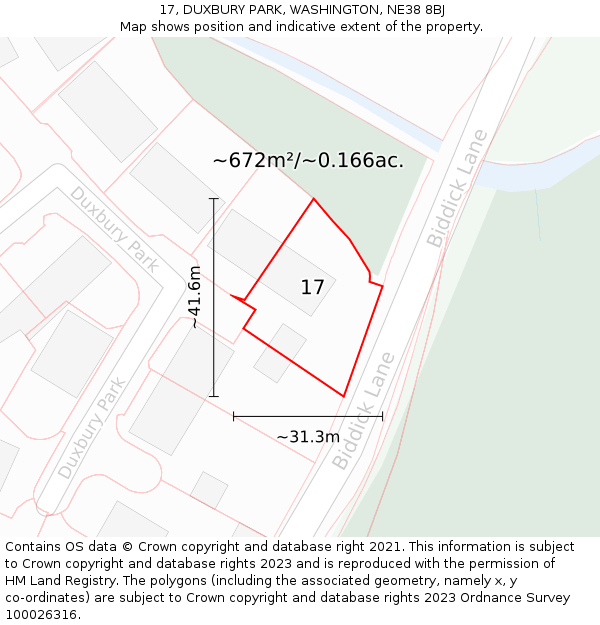 17, DUXBURY PARK, WASHINGTON, NE38 8BJ: Plot and title map