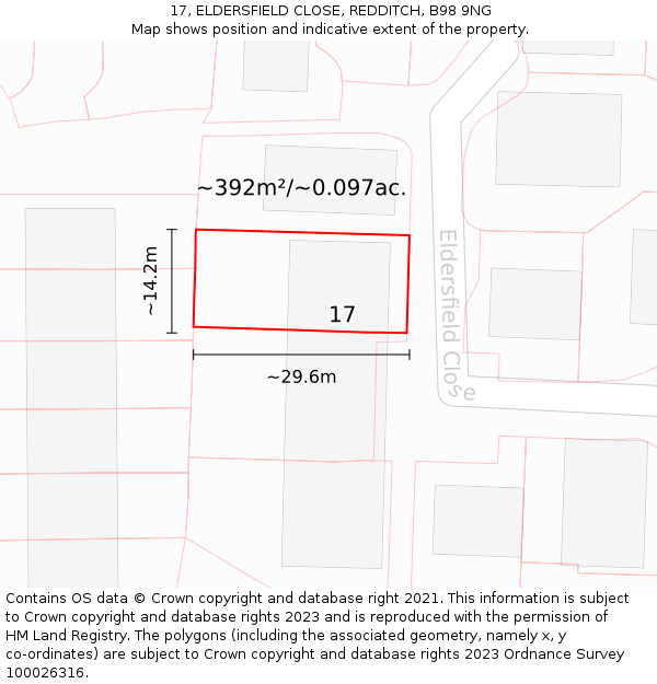 17, ELDERSFIELD CLOSE, REDDITCH, B98 9NG: Plot and title map