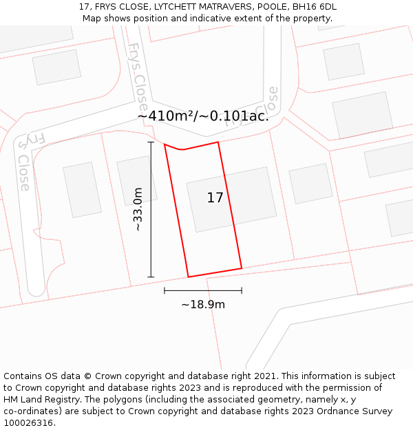 17, FRYS CLOSE, LYTCHETT MATRAVERS, POOLE, BH16 6DL: Plot and title map