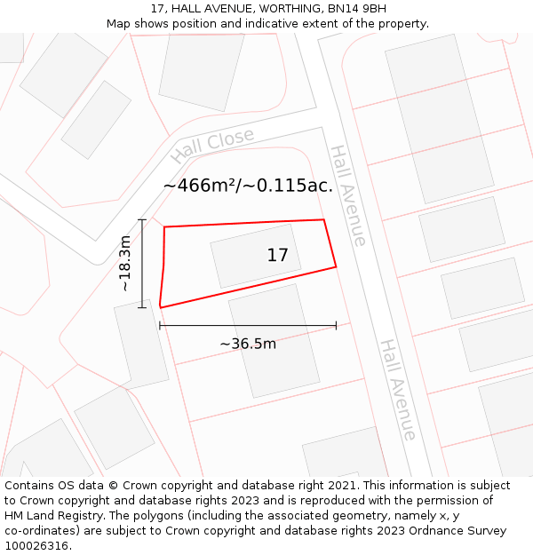 17, HALL AVENUE, WORTHING, BN14 9BH: Plot and title map