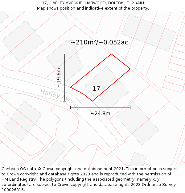 17, HARLEY AVENUE, HARWOOD, BOLTON, BL2 4NU: Plot and title map