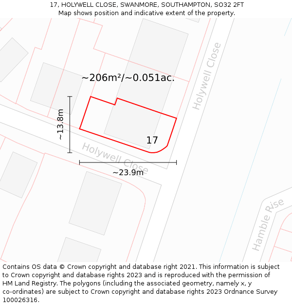 17, HOLYWELL CLOSE, SWANMORE, SOUTHAMPTON, SO32 2FT: Plot and title map