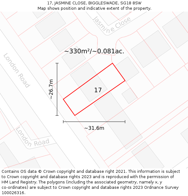 17, JASMINE CLOSE, BIGGLESWADE, SG18 8SW: Plot and title map