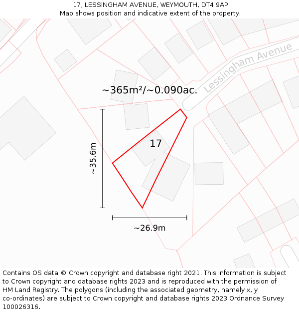17, LESSINGHAM AVENUE, WEYMOUTH, DT4 9AP: Plot and title map