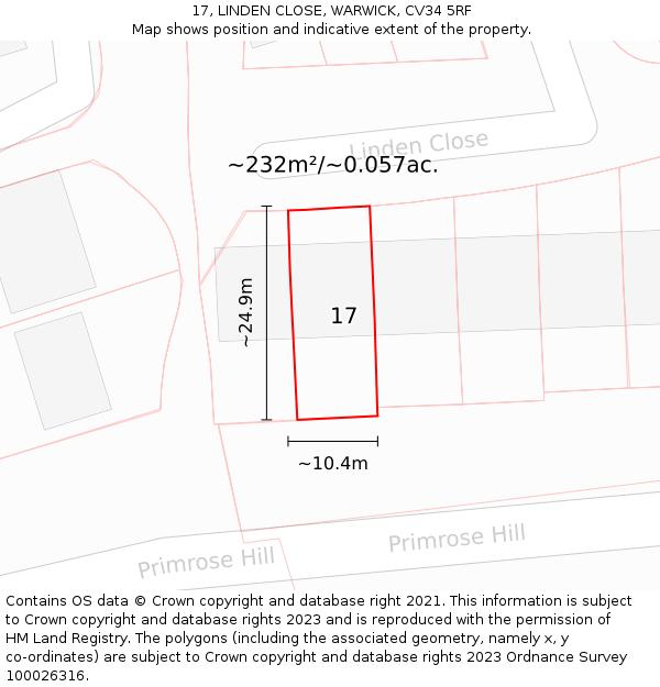 17, LINDEN CLOSE, WARWICK, CV34 5RF: Plot and title map