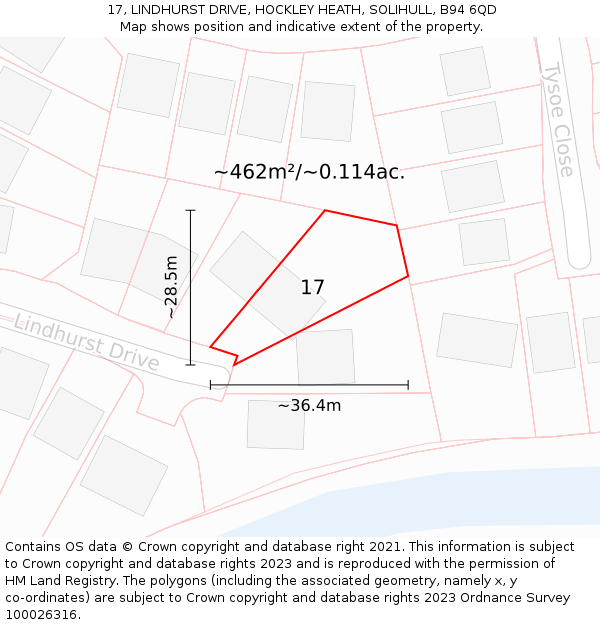 17, LINDHURST DRIVE, HOCKLEY HEATH, SOLIHULL, B94 6QD: Plot and title map