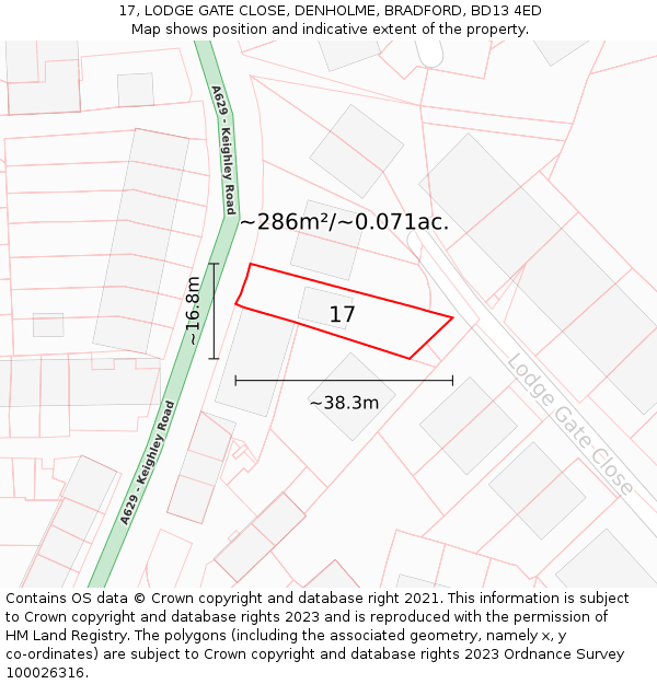 17, LODGE GATE CLOSE, DENHOLME, BRADFORD, BD13 4ED: Plot and title map