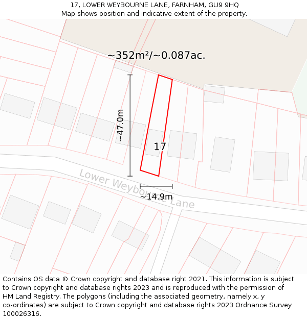 17, LOWER WEYBOURNE LANE, FARNHAM, GU9 9HQ: Plot and title map