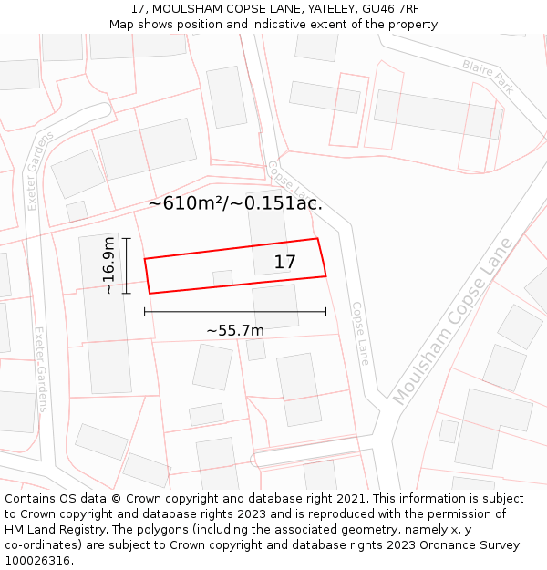 17, MOULSHAM COPSE LANE, YATELEY, GU46 7RF: Plot and title map